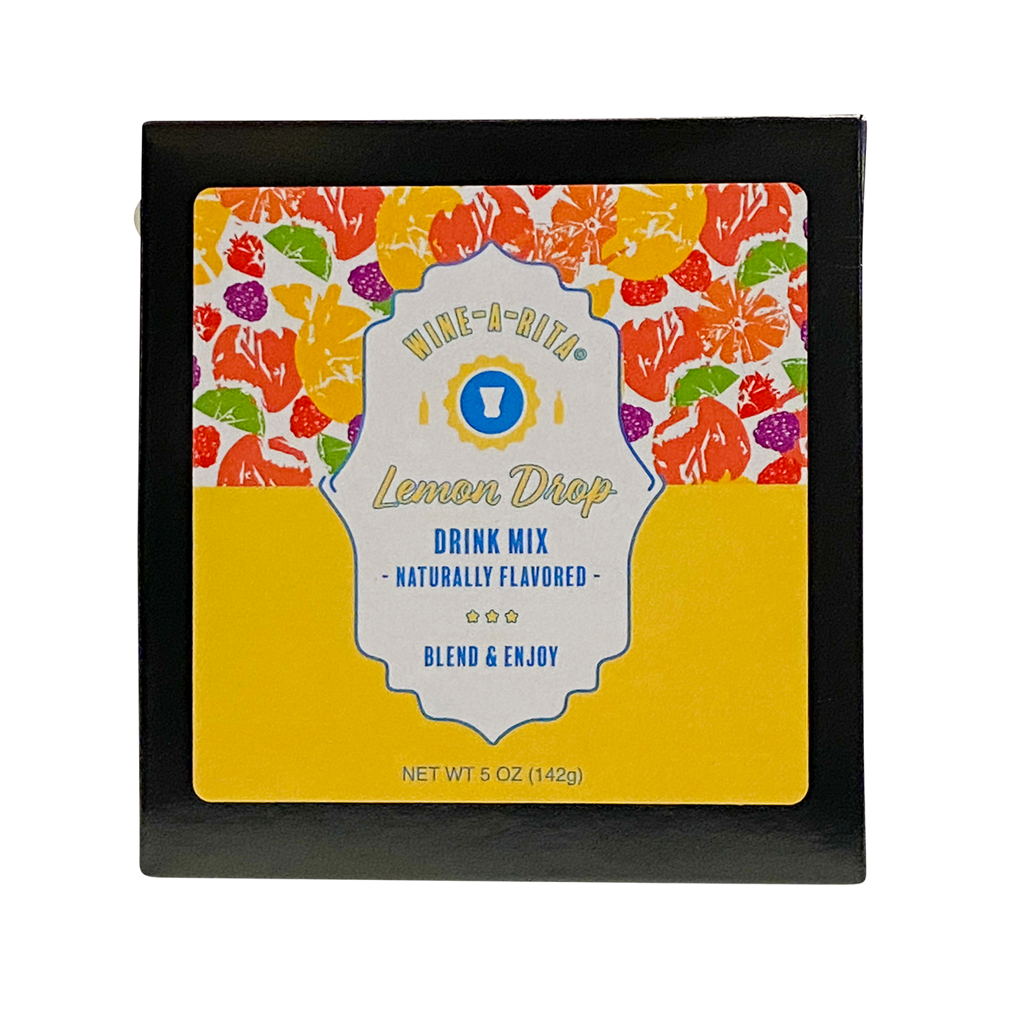 Lemon Drop Minis 5 oz (142g) kosher drink mix in a square pack with fruit pattern and yellow label.