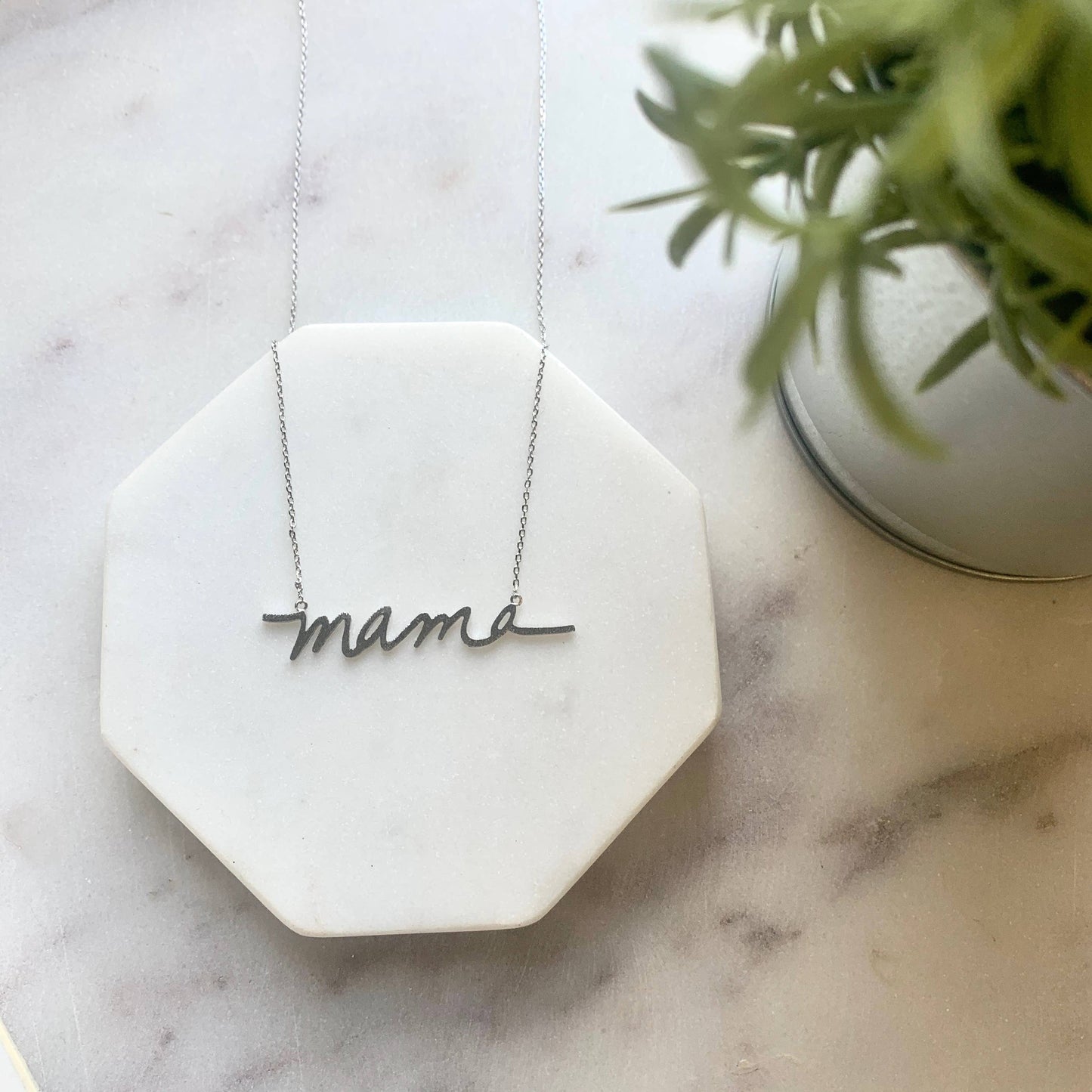 Mama Necklace in elegant silver cursive script; available in 16", 18", and 20" chain lengths.