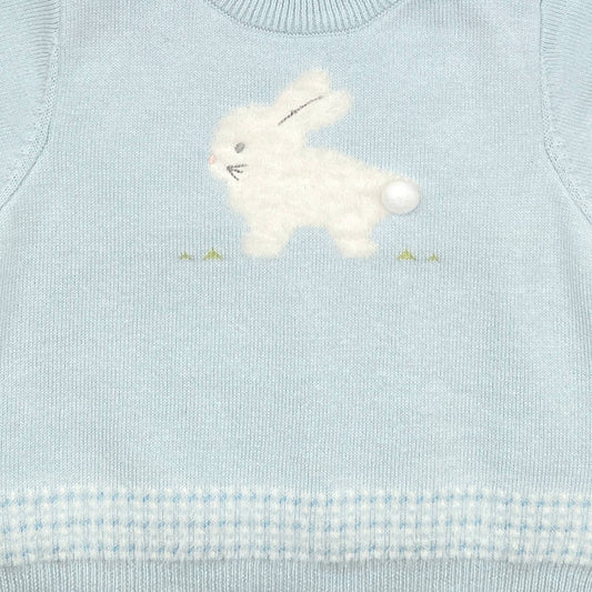 Close-up of a Fuzzy Bunny Lightweight Knit Sweater in Blue with a fluffy white bunny applique and tiny green embellishments. The sweater has a ribbed neckline and hem, made from 100% cotton yarns.