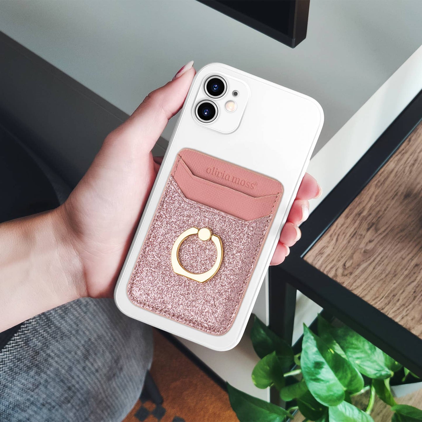 Olivia Moss® Glitter Bomb Ring Cling Cardholder in pink glitter attached to a white smartphone. Available in standard size.