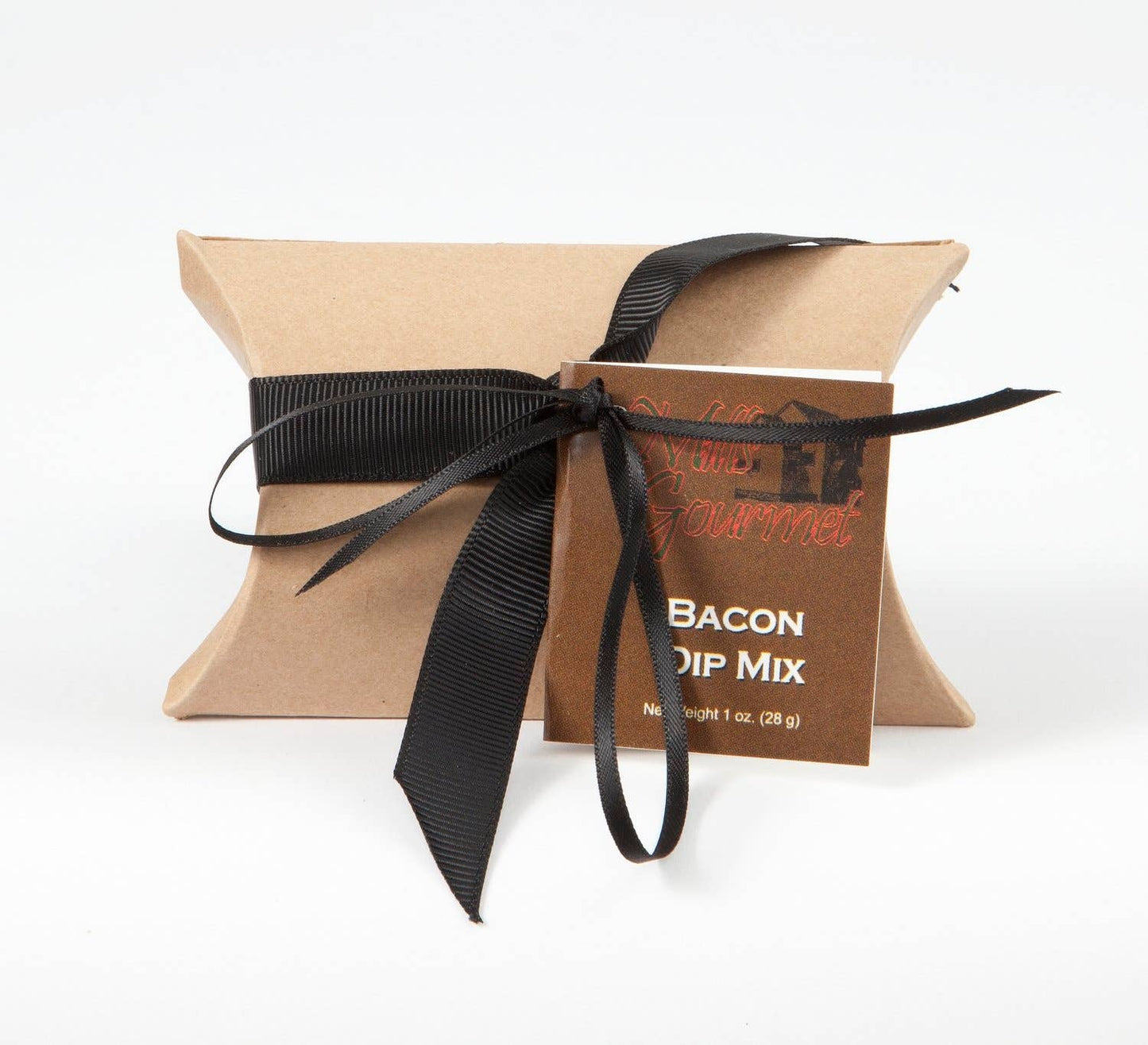 Small, pillow-shaped brown box with black ribbon and tag labeled 'Bacon Dip Mix'. Sizes available: small.
