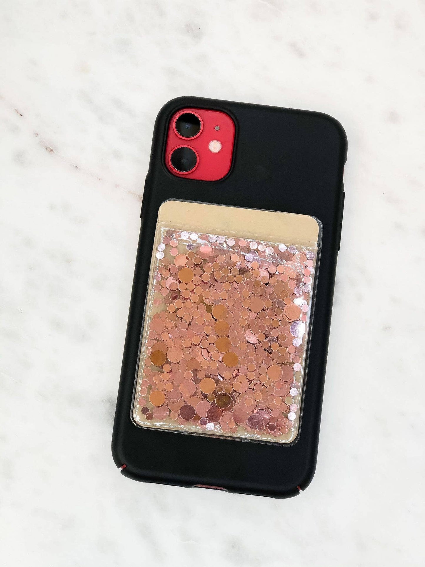 Glitter Phone Card Holder with 3M adhesive, rose gold and pink sequins. Available in standard and XL sizes.