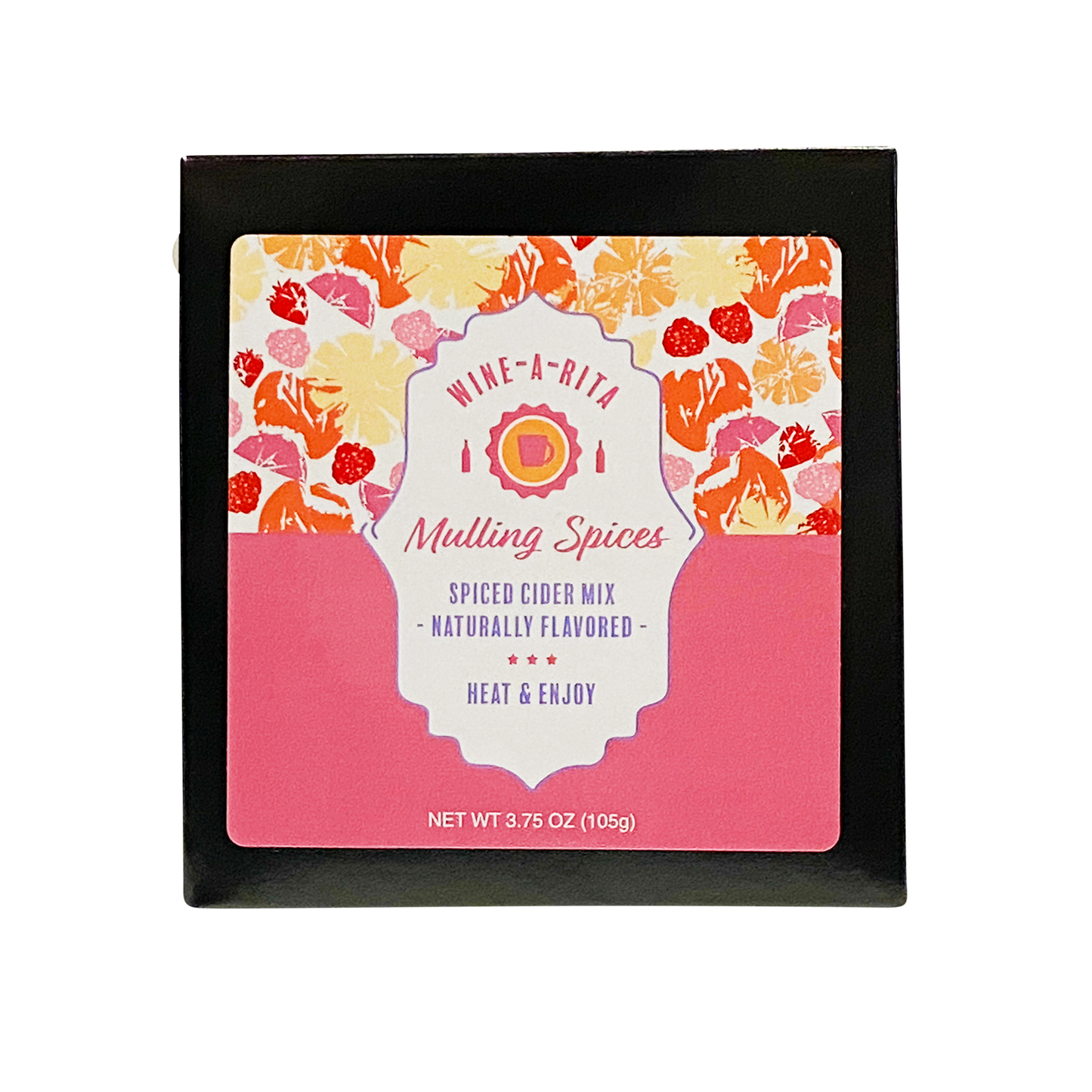 Mulling Spice Minis spiced cider mix, 3.75 oz (105g), pink and orange label, "Spiced Cider Mix, Naturally Flavored.