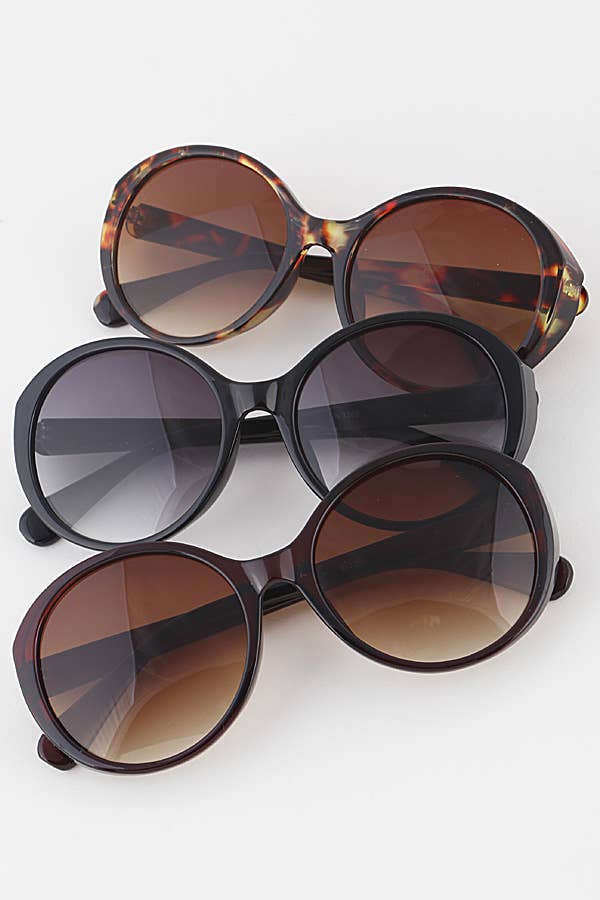 Fashion Round Sunglasses in tortoiseshell, black, and dark brown with dark lenses. Available in S, M, L sizes.