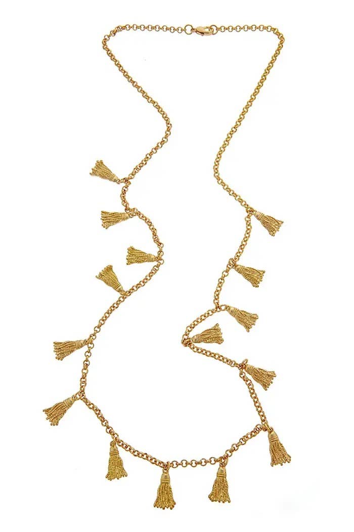 Long Calypso Necklace: gold chain with small tassel pendants evenly spaced. Available sizes: S, M, L.