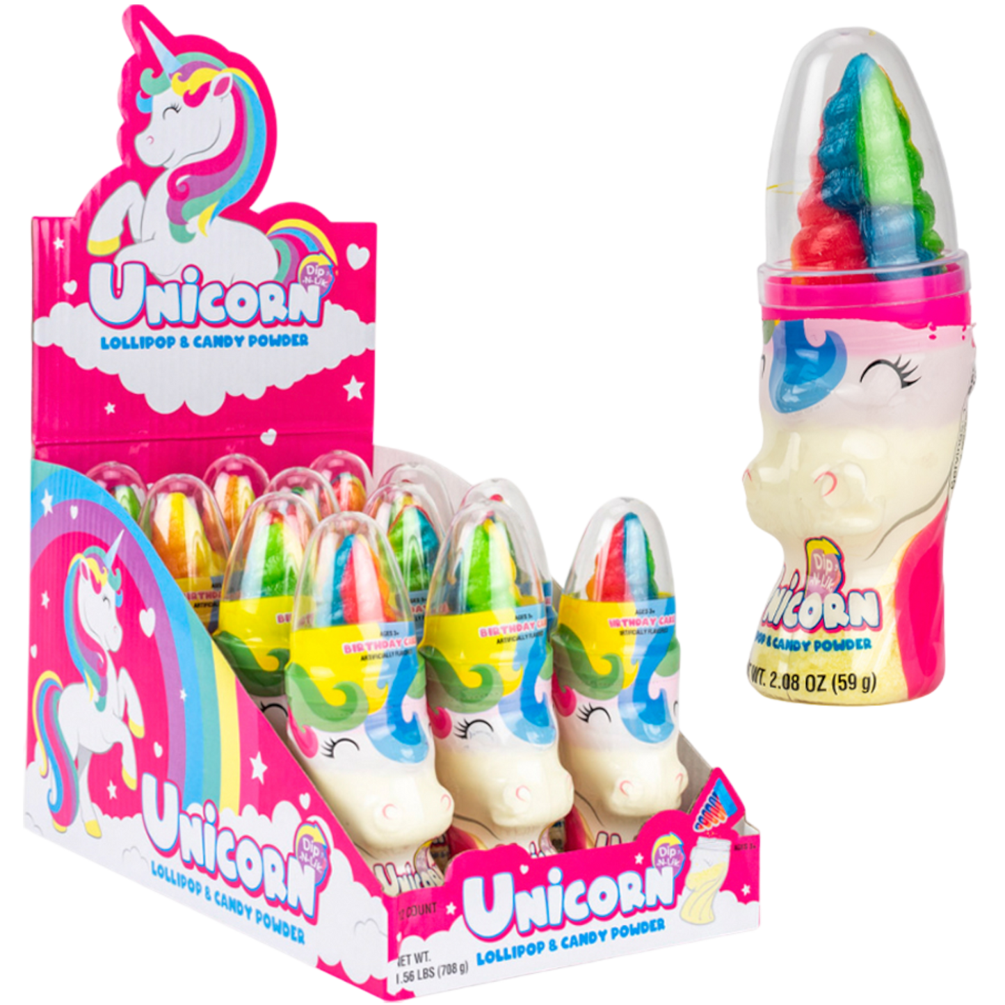 Unicorn Dip-N-Lik display box with unicorn-shaped candy containers, pink packaging; sizes available: individual, box.