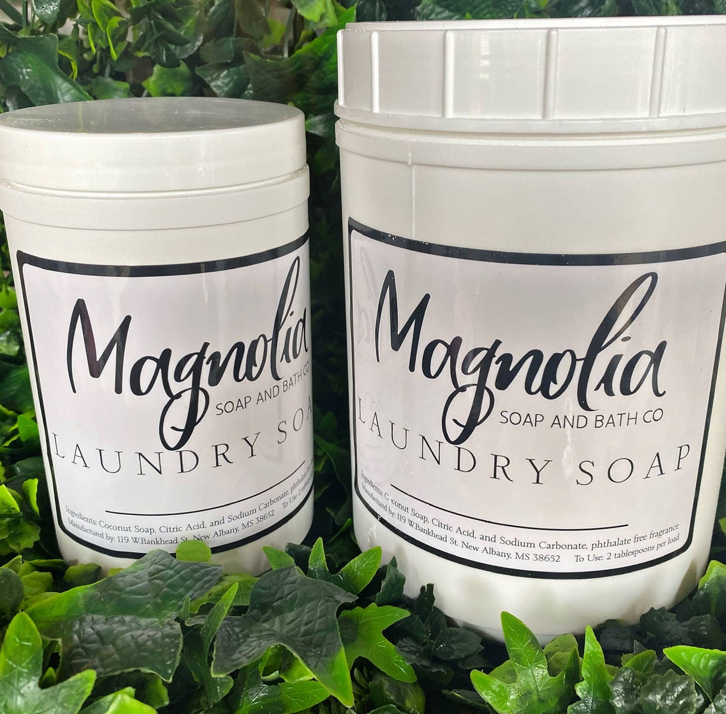 Two large containers of laundry soap. The containers come with clear labels displaying ingredients and distinct branding. Sizes available are standard large sizes for extensive usage.