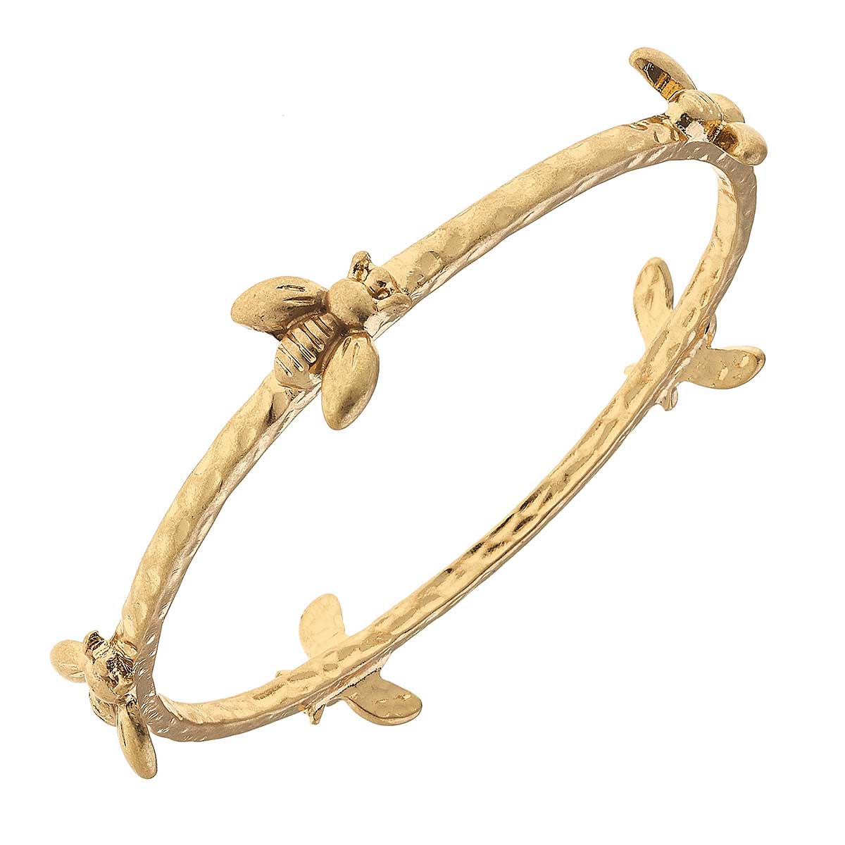 Worn gold bangle with a textured band and evenly spaced bee accents. Available in S, M, and L sizes.