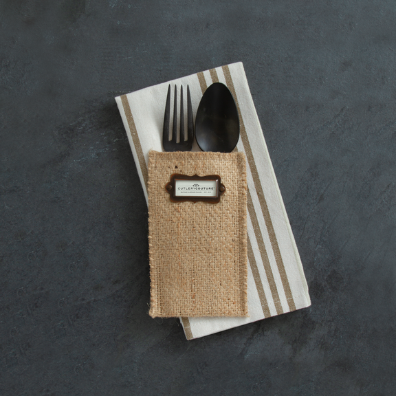 The Message Maker - Set of 8: Fork and spoon in woven jute pouch with metal label holder. Available sizes not specified.