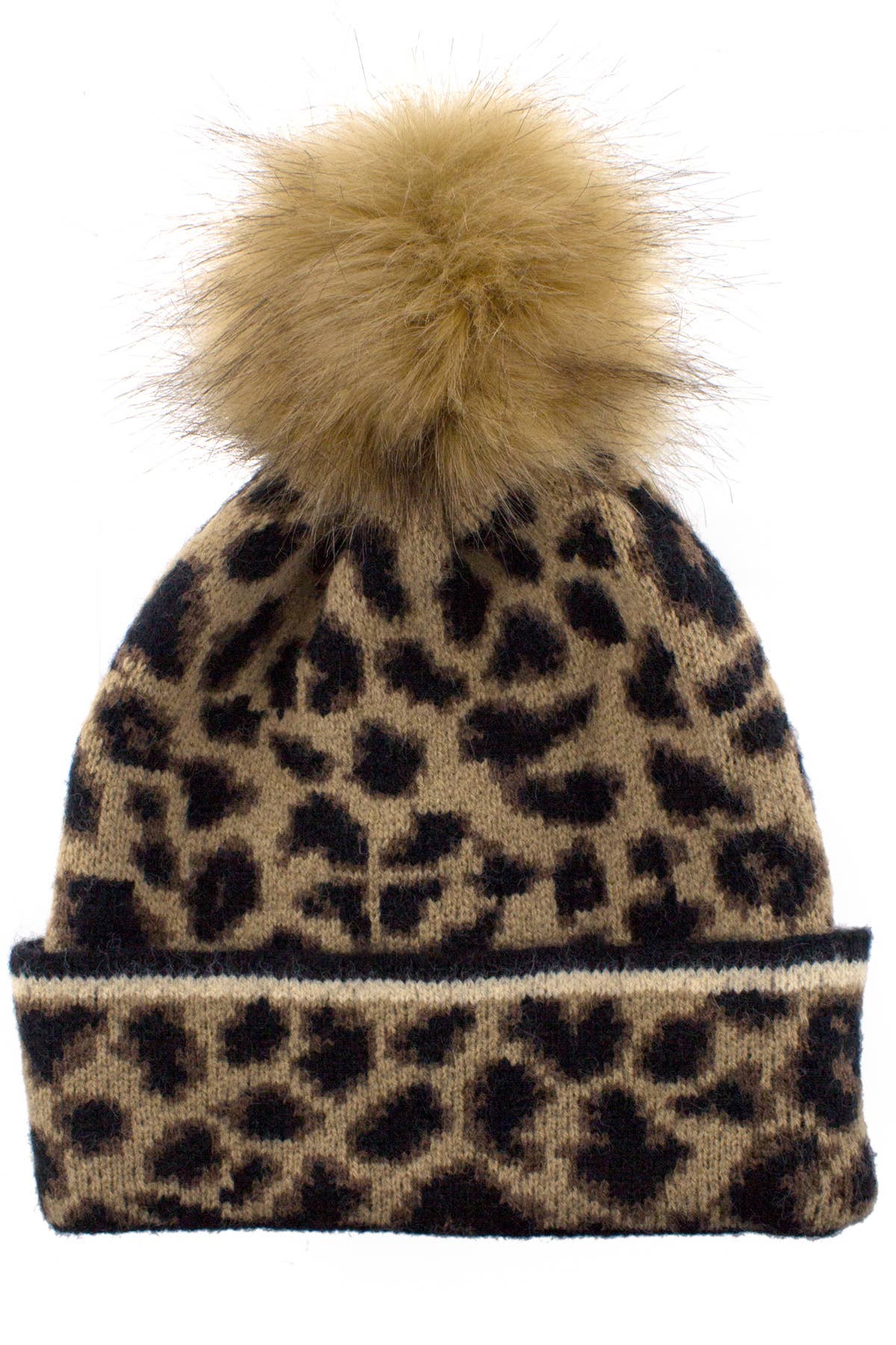 Brown and black leopard print beanie with large pom-pom on top. Sizes available: S, M, L.