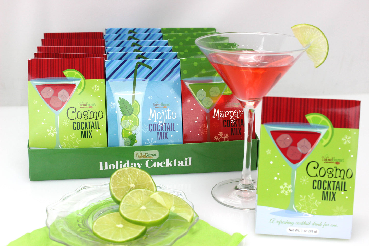 Holiday Cocktails for One mix packets (1oz) in Cosmo, Mojito, and Margarita flavors. Available in 1oz single-serve packs.