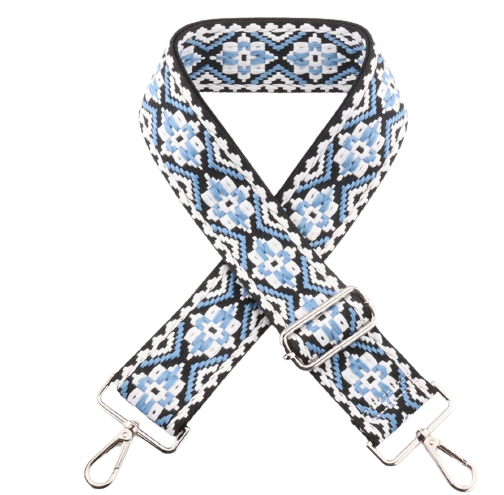 Black and Blue Aztec Guitar Strap with blue, white, black geometric pattern and silver clasps. Sizes: S, M, L.
