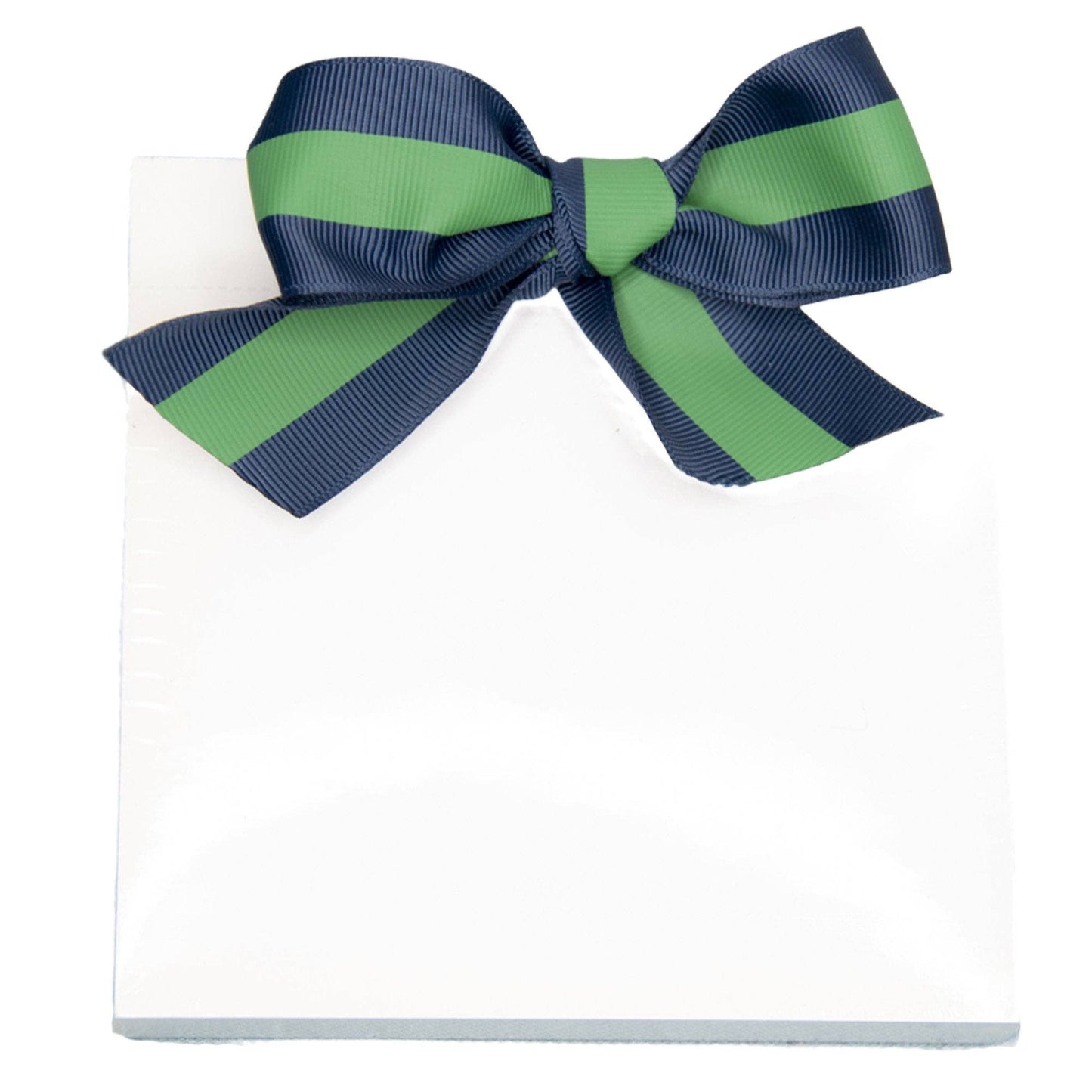 Stack of white notepaper with navy and green striped ribbon bow on top. Available in small, medium, and large sizes.