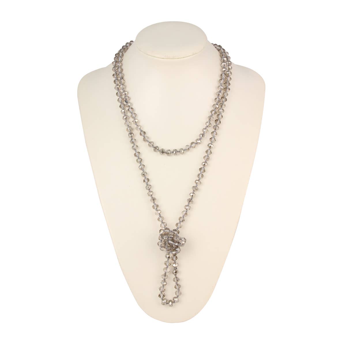 HDN2209 - 8mm Longline Hand Knotted Necklace, double clear glass strands, knotted center. Available in one size.