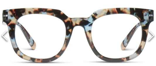 Peepers-Harlow eyeglasses: chunky tortoiseshell rectangular frame in brown, blue, and beige. Available in multiple sizes.