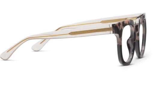 Peepers Showbiz Focus eyeglasses: translucent, tortoiseshell frame, black marble arms, gold accents. Sizes: S, M, L.