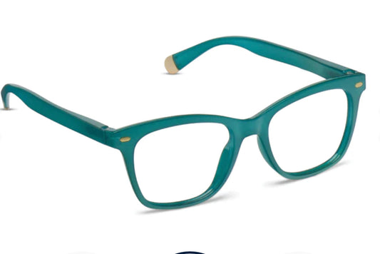 Teal rectangular eyeglasses with a cat eye shape, beige-tipped arms, gold accents. Available sizes: small, medium, large.