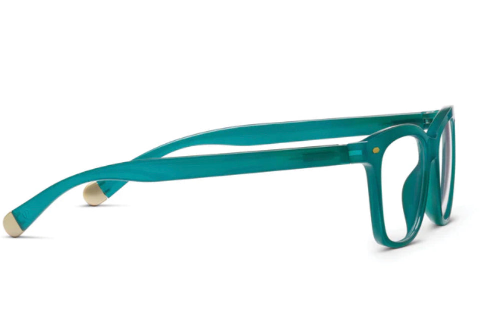 Peepers- Poppy in Teal: thick, eco-friendly teal frames, rounded rectangular lenses, beige-tipped arms. Sizes: narrow, wide.