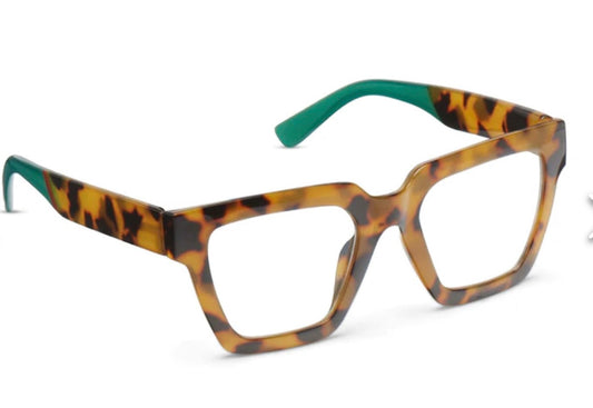 Peepers Sterling oversized square eyeglasses, tortoiseshell frame, green tips, recycled materials. Sizes: small, medium, large.