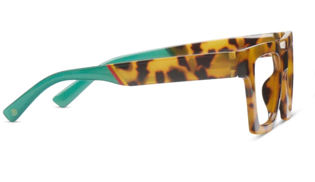 Peepers- Sterling sunglasses: thick rectangular tortoiseshell frames, turquoise inner arms, oversized. Sizes: S, M, L.