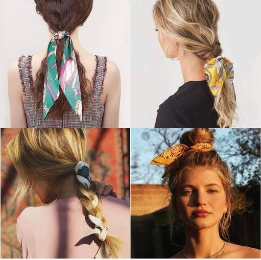 Vintage Floral Scarf Scrunchies Hair Ties with bold patterns; available in small, medium, and large sizes.
