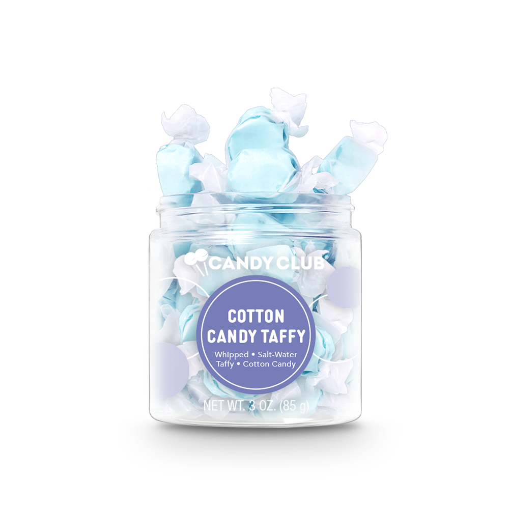 Clear jar labeled "Cotton Candy Taffy Candies," holds blue and white gluten-free taffy, net weight 3 oz (85g).
