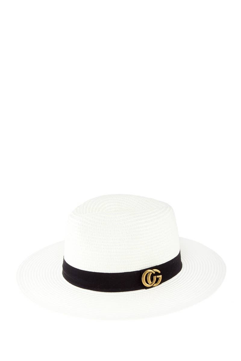 White wide-brimmed straw fedora with black band and gold "GG" logo. Sizes: S, M, L. Made in China.