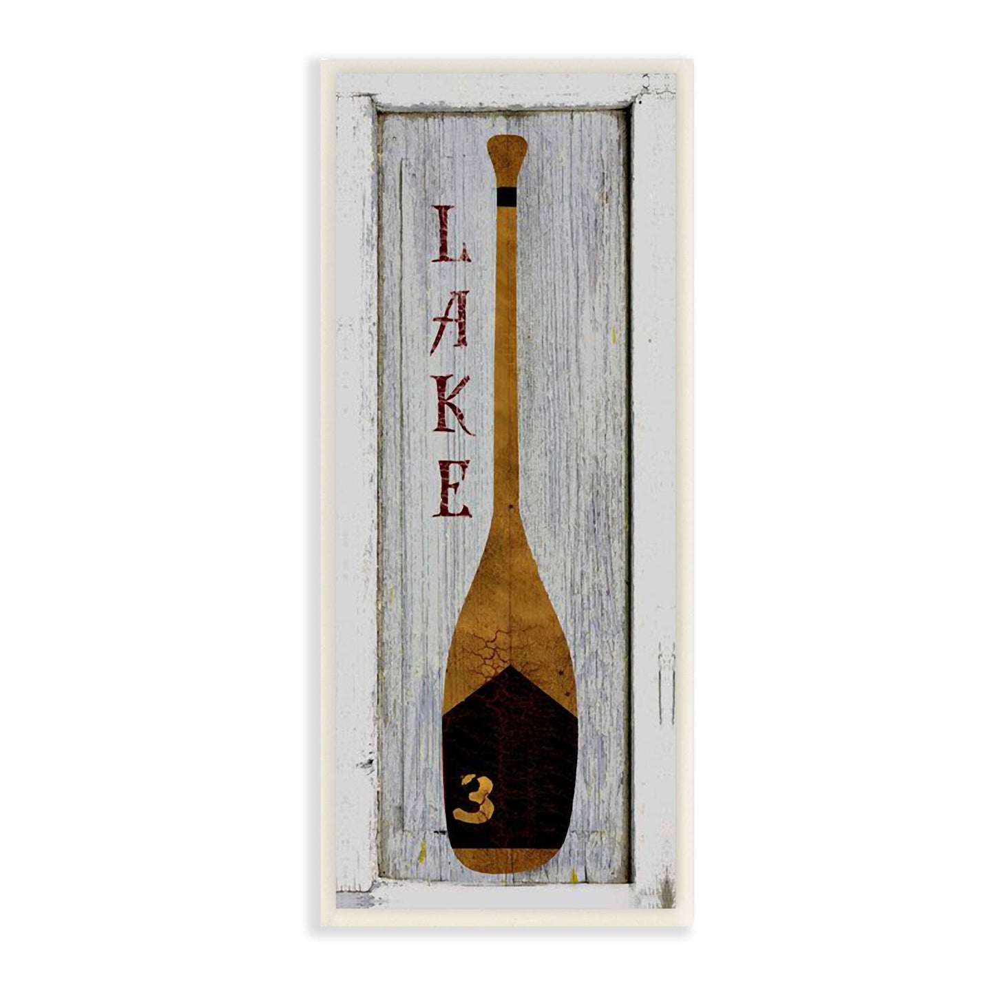 Vertical brown oar with "LAKE" in red on a white plaque. Available sizes: 20"x6", 30"x8".