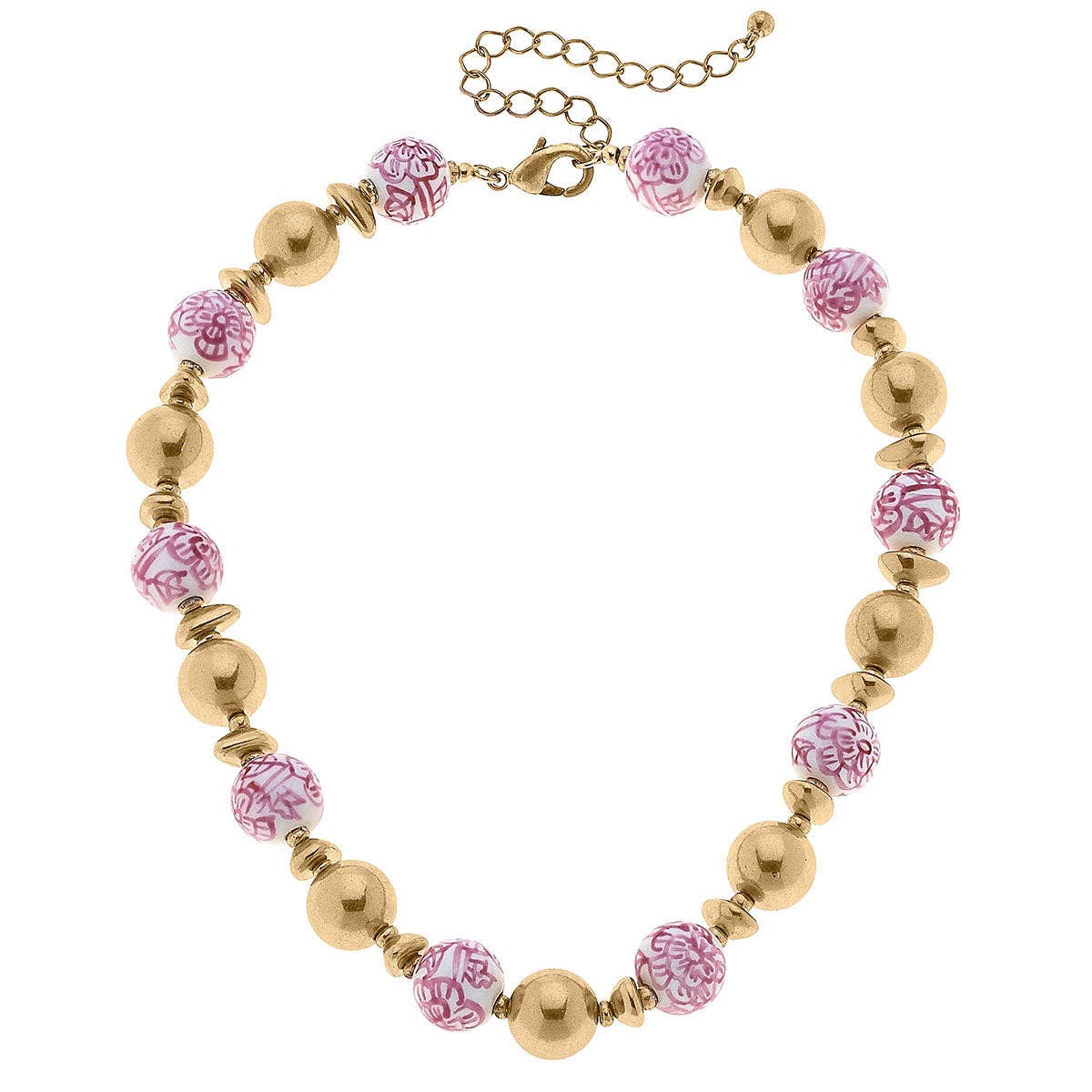 Pink & white Regina Chinoiserie necklace with gold, patterned beads, adjustable chain clasp. Sizes: 16", 18", 20".