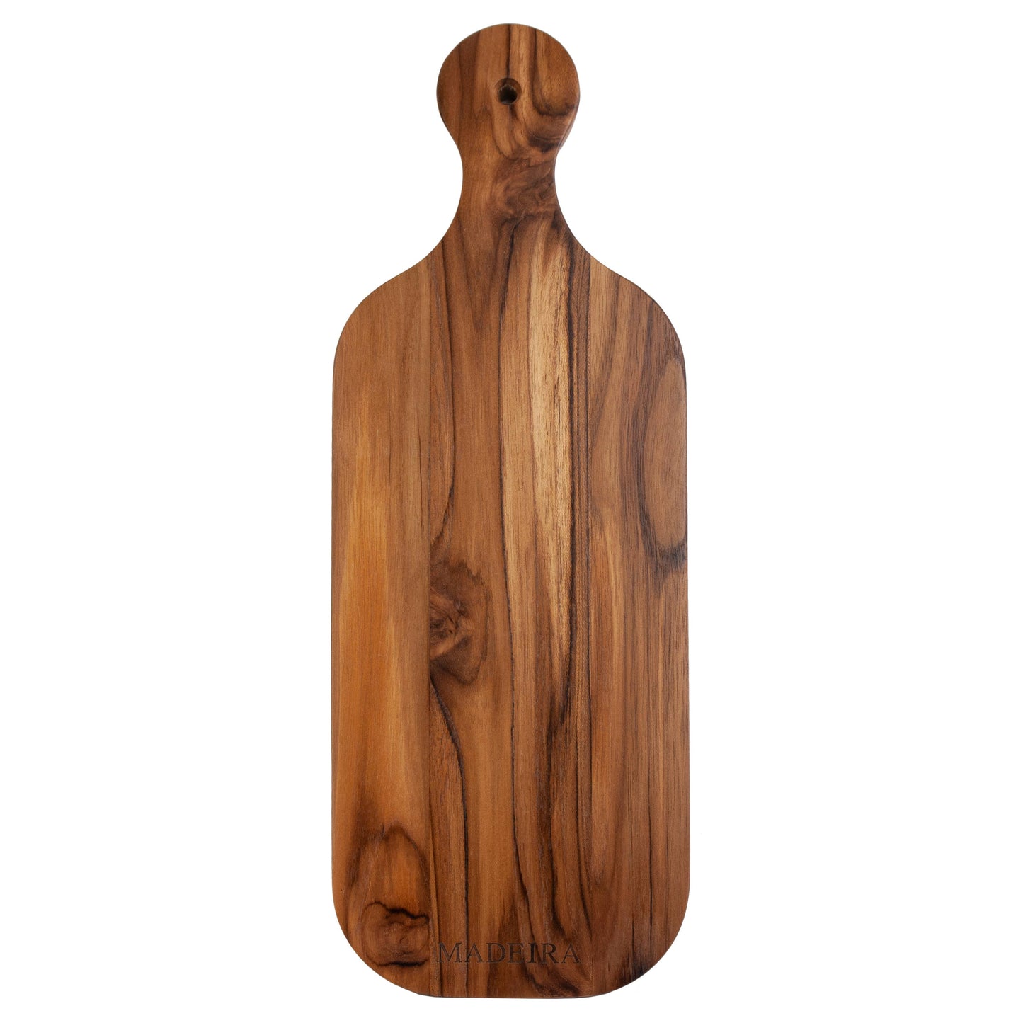 Rectangular teak bread board with rounded edges, handle hole, "MADEIRA" etching; available in multiple sizes.