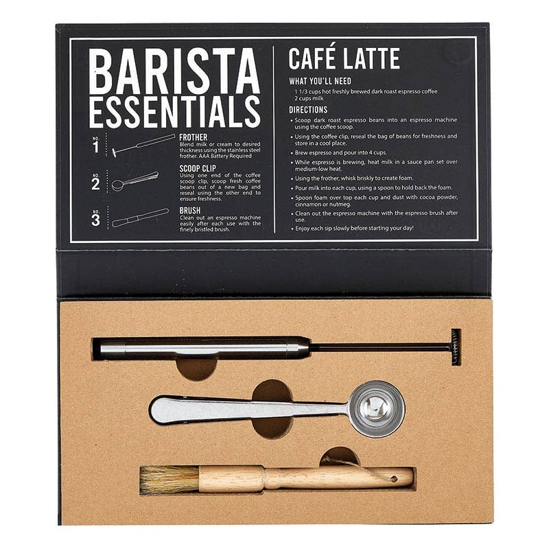 Barista Box: frother, scoop clip, cleaning brush in box with latte instructions on lid. Available in small, medium, large.