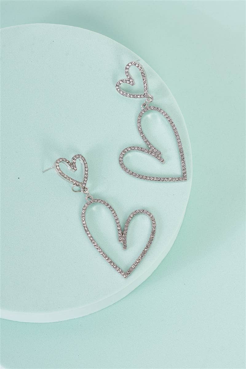 Silver Rhinestone Two Hearts Long Drop Earrings with double open-heart shapes, outlined in rhinestones. Sizes: one size.