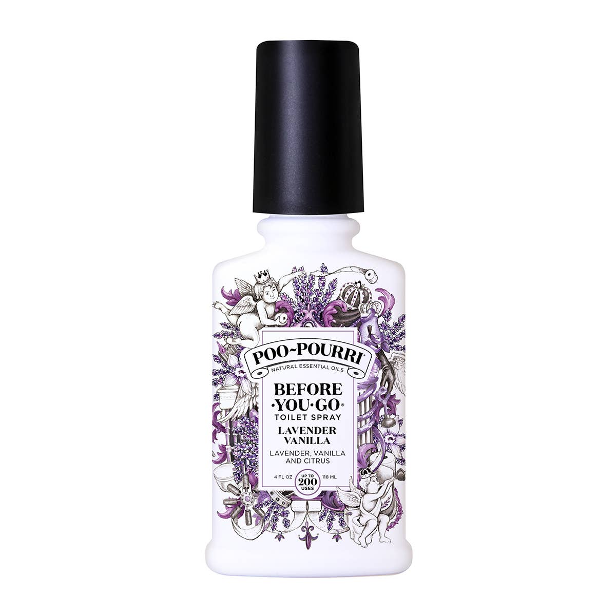 Poo~Pourri Lavender Vanilla Toilet Spray, 4oz, white bottle, black cap, lavender design. Other sizes may be available.