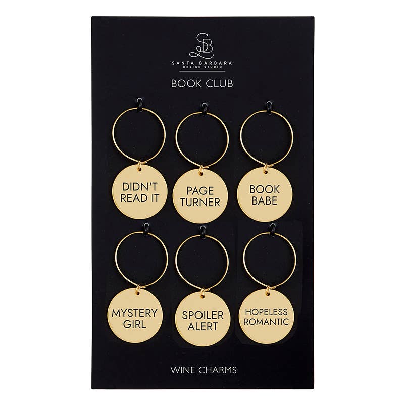 Set of six gold wine charms with black rings, each labeled. One size only.