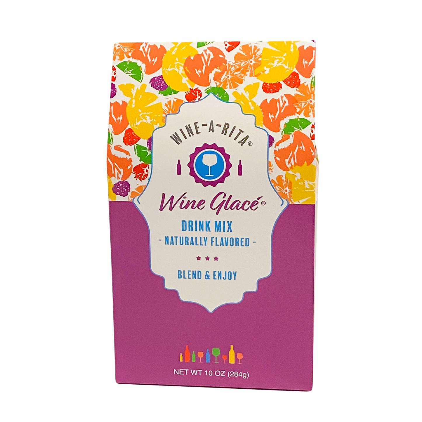 Wine Glace® Boxed Mix, 10 oz (284g), fruit-themed wine slush mix with purple, yellow, orange accents; "Blend & Enjoy" on box.