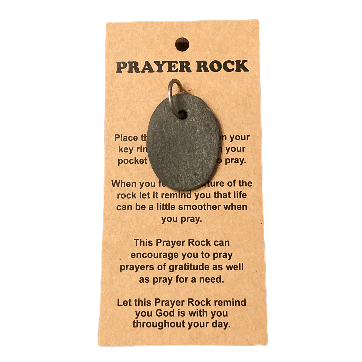 Black oval Prayer Rock with small ring, attached to brown "Prayer Rock" card. Available in multiple sizes.
