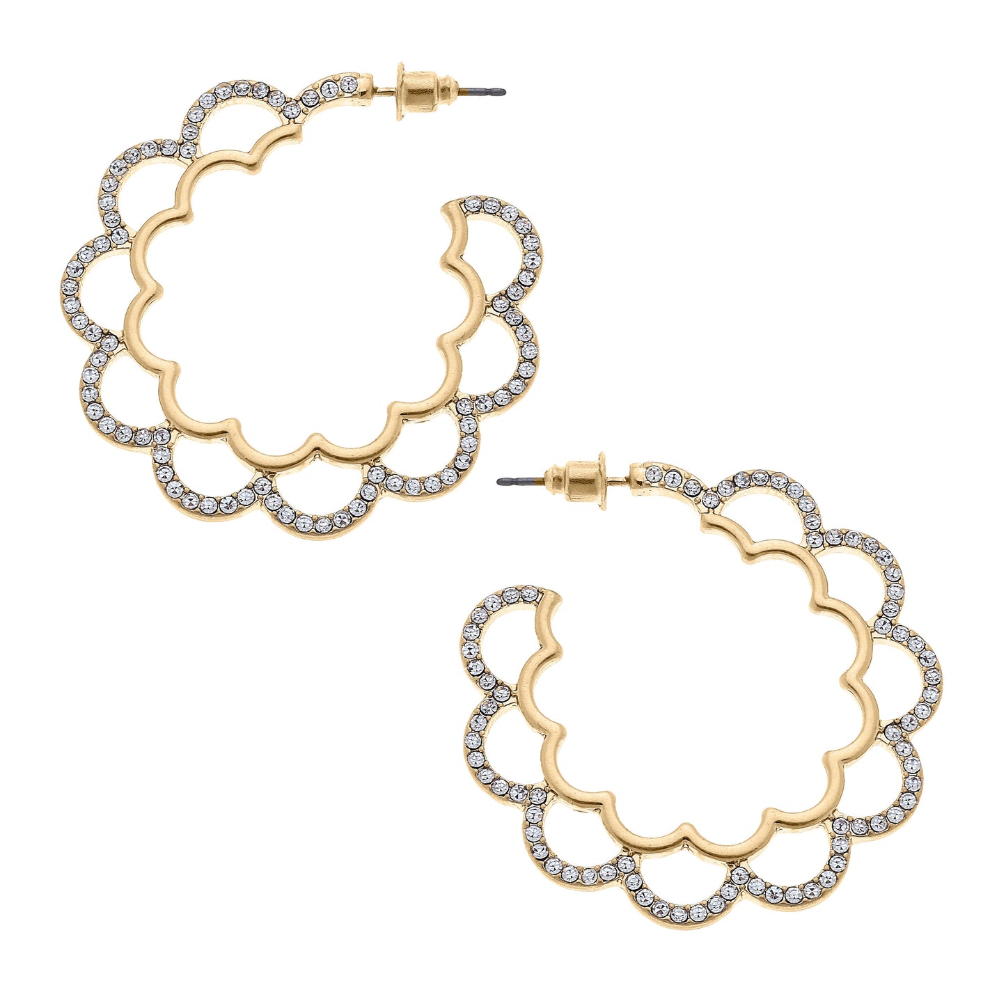 Worn gold scalloped hoop earrings with pavé stones and post closures. Available in small (1") and medium (1.5") sizes.