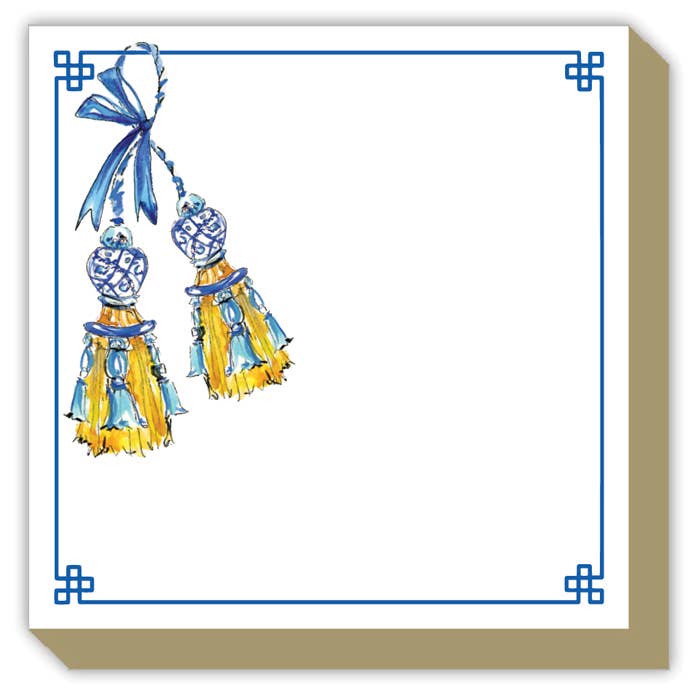 Square luxe pad with blue corner accents, tasseled ornaments, blank center, brown border. Available in multiple sizes.