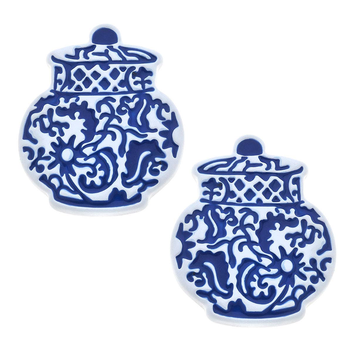 Blue and white “Courtney Enamel Chinoiserie Ginger Jar” stud earrings with floral and lattice enamel patterns, gold plating accents. Available in small and medium sizes.