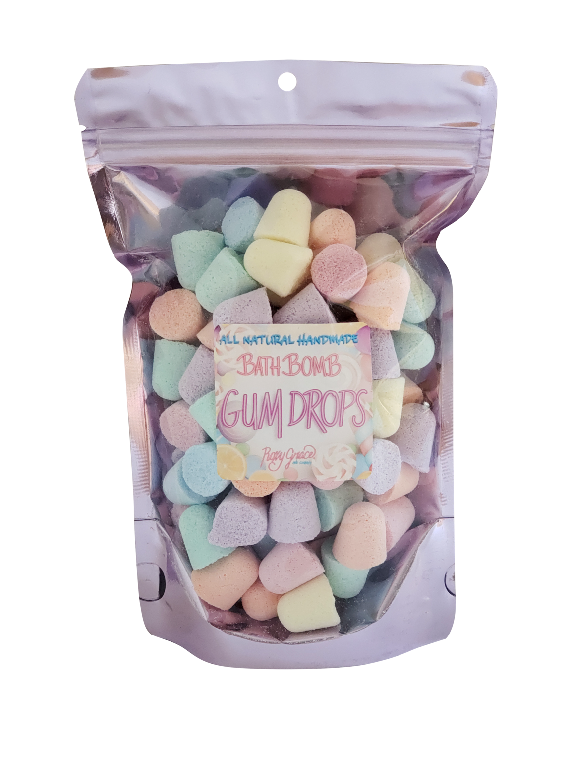 Clear resealable pouch of pastel Bath Bomb Gum Drops by Fizzy Garcia in assorted colors. Sizes: small, medium, large.