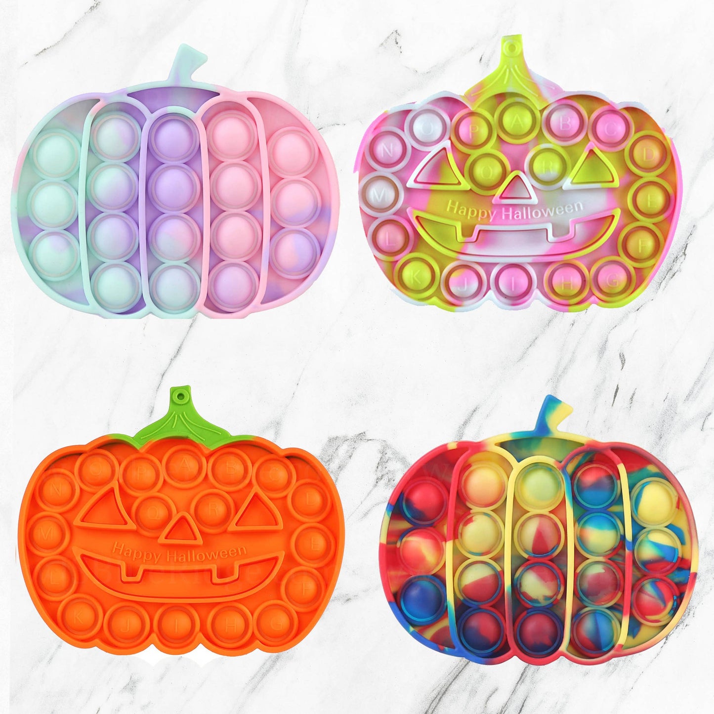Four pumpkin-shaped Pop it fidget toys in pastel and multicolor, some with “Happy Halloween” text. Available in multiple sizes.