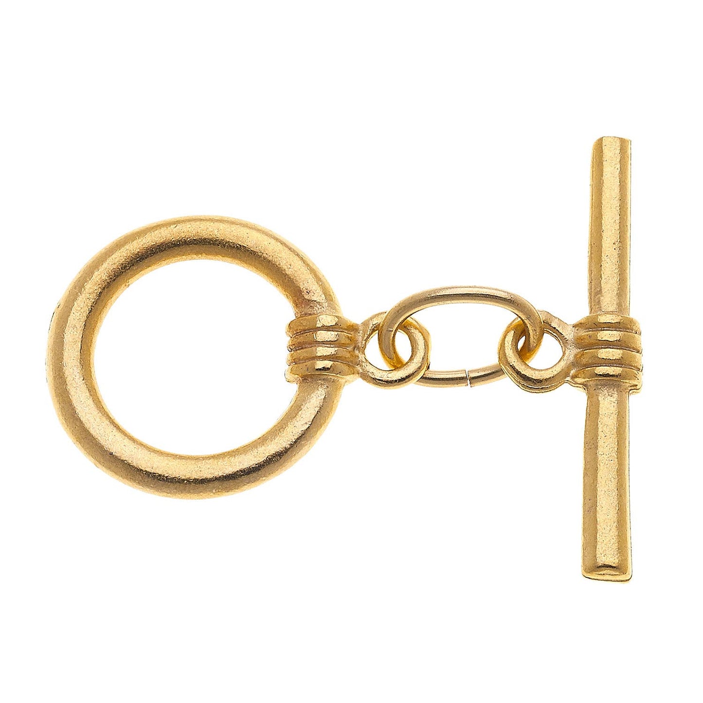Gold bracelet extender with toggle clasp, round loop, straight bar, oval ring. Available in 1" and 2" sizes.