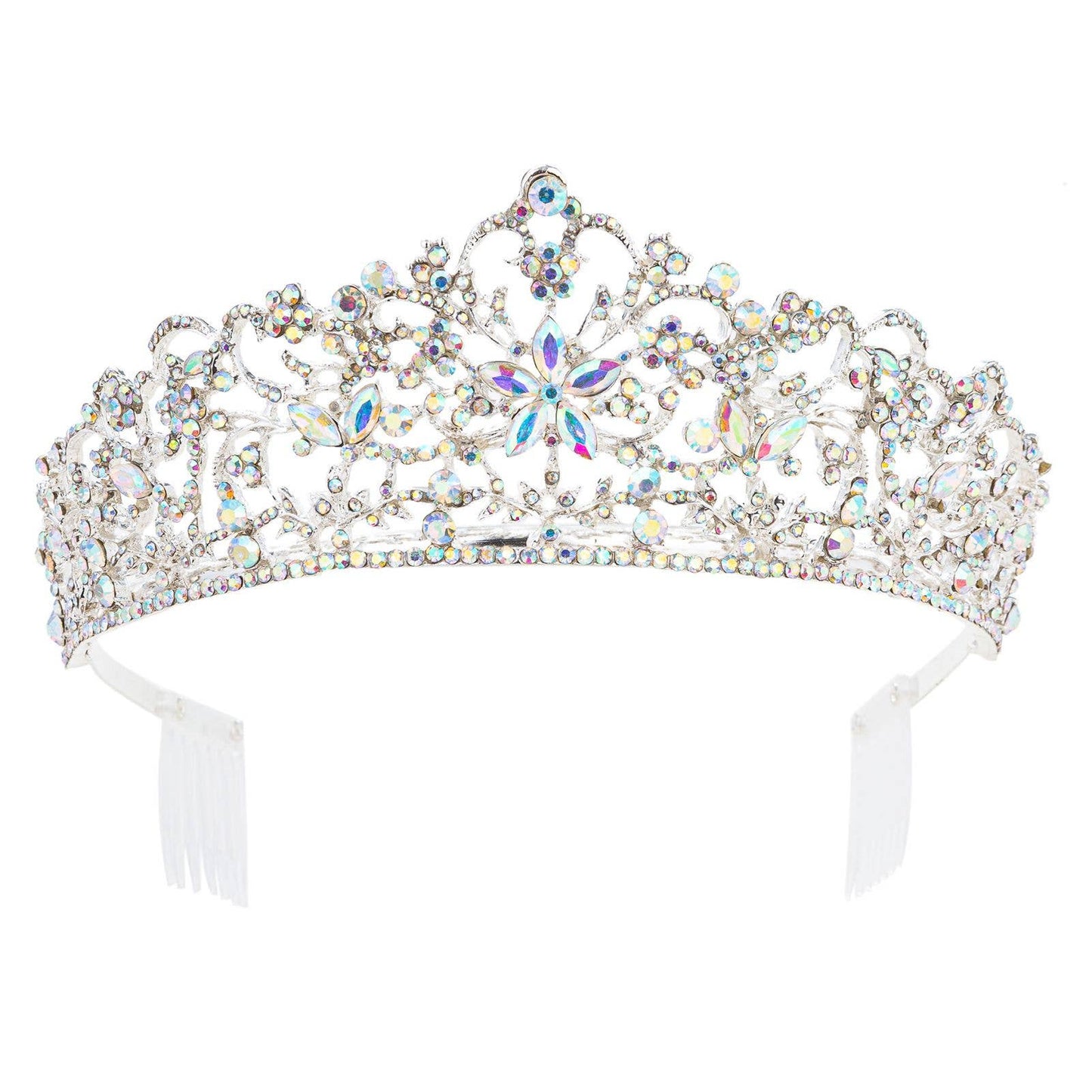 Rhinestone Handmade Casting Tiara Silver-AB with multicolored rhinestones, ornate swirls, floral details, two white combs. Sizes: S/M/L.