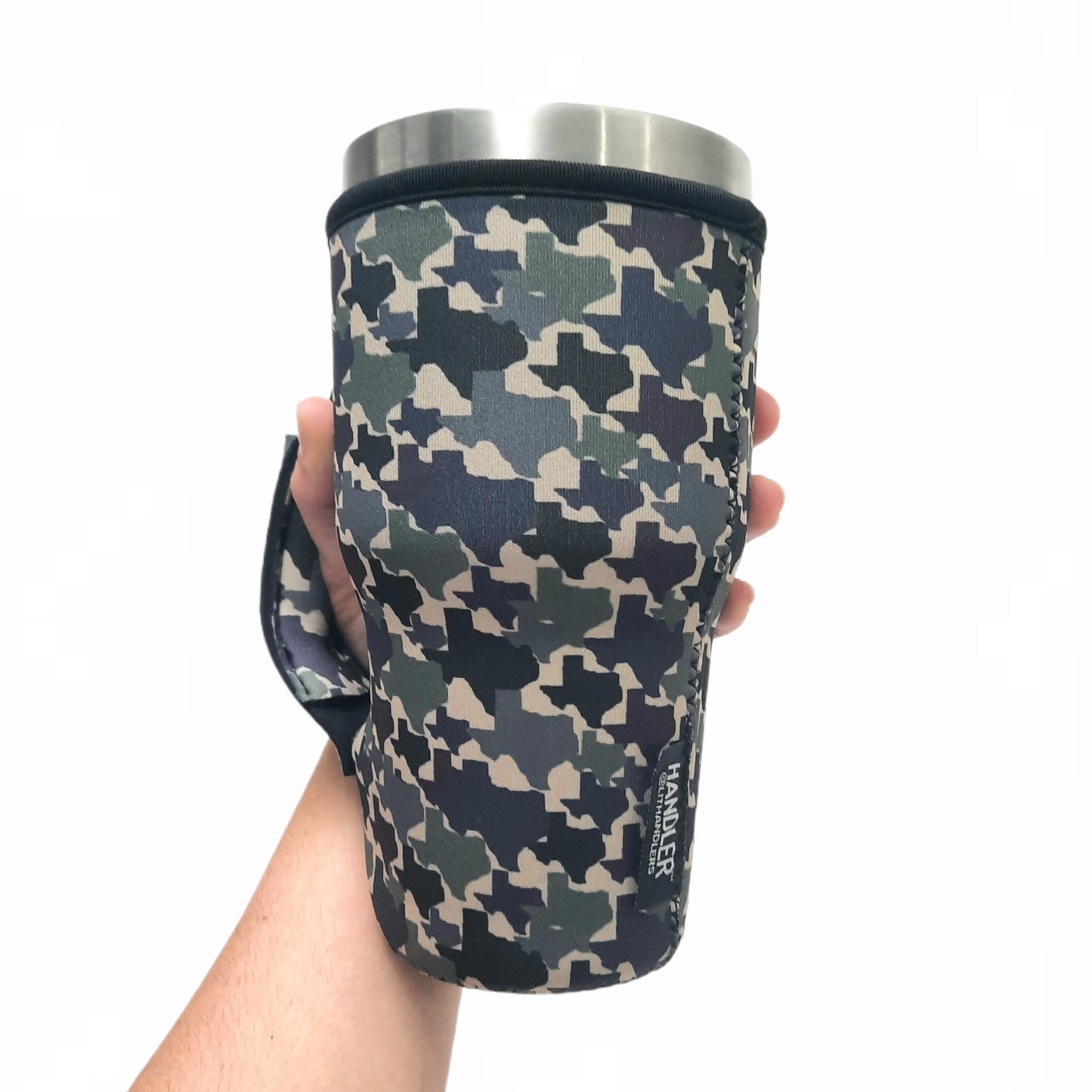 Texas Camo 30-40oz Tumbler Handler™: green, grey, and black neoprene sleeve with handle. Sizes: 30-40oz.