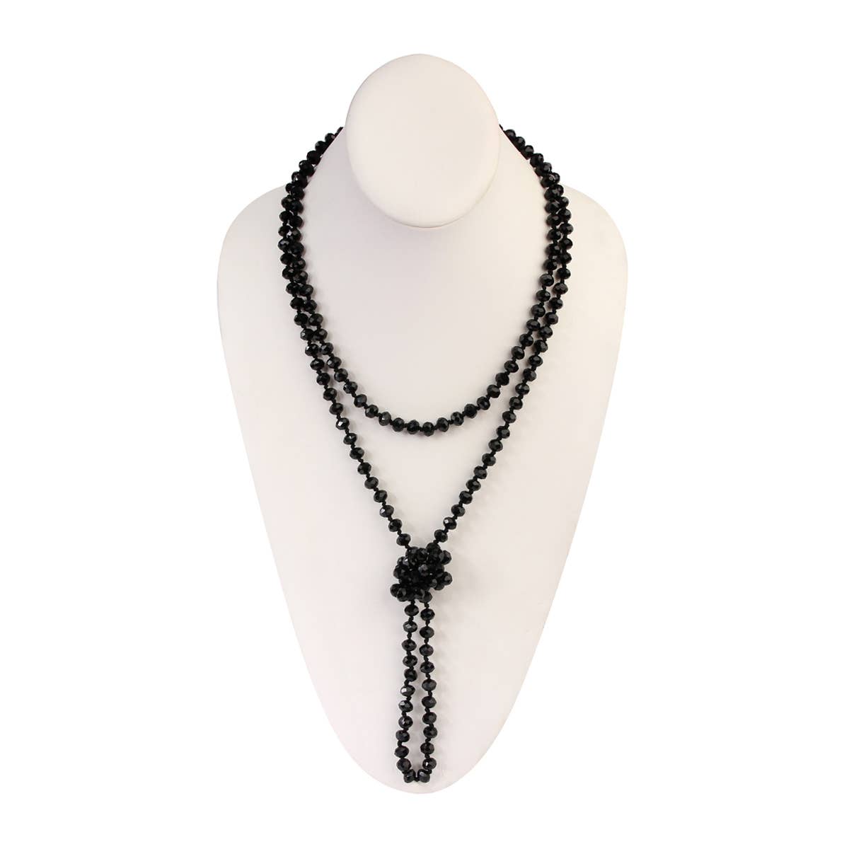 HDN2209 necklace, handmade with 8mm black glass beads, features center knot and single hanging strand. Size: longline.