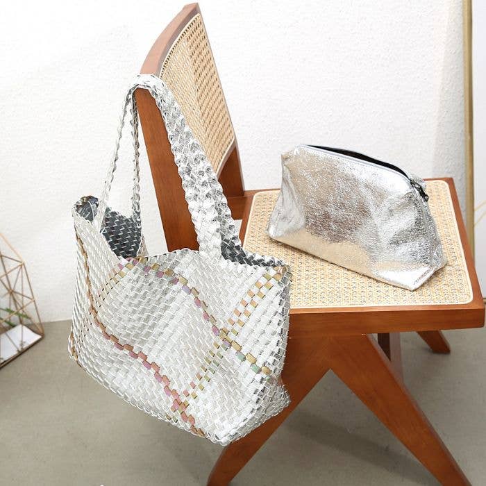 The Weave tote bag in Silver and Gold with checkered pattern, zip pouch; available in large size.