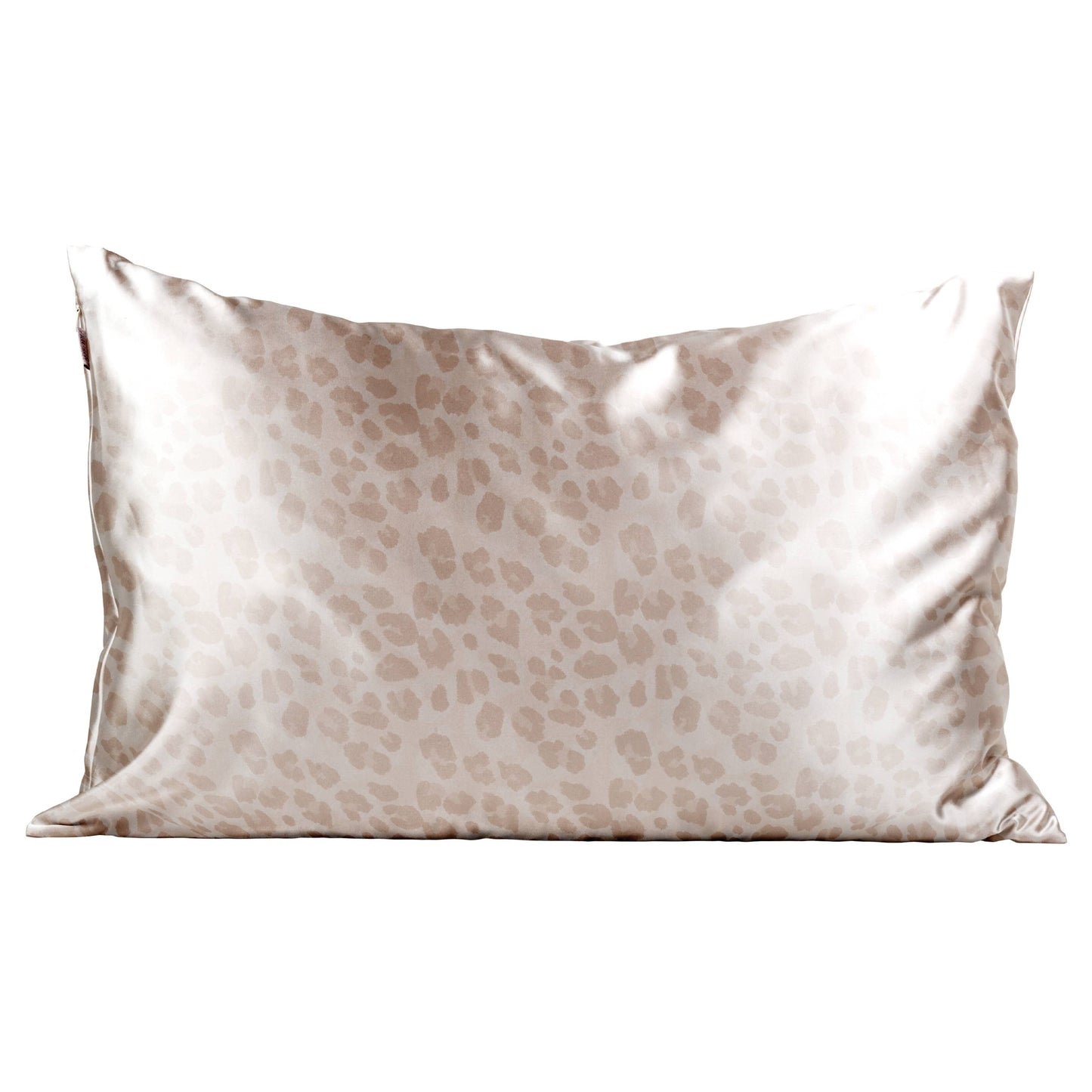 Shiny, rectangular satin pillowcase with subtle light beige leopard print. Available in standard and king sizes.