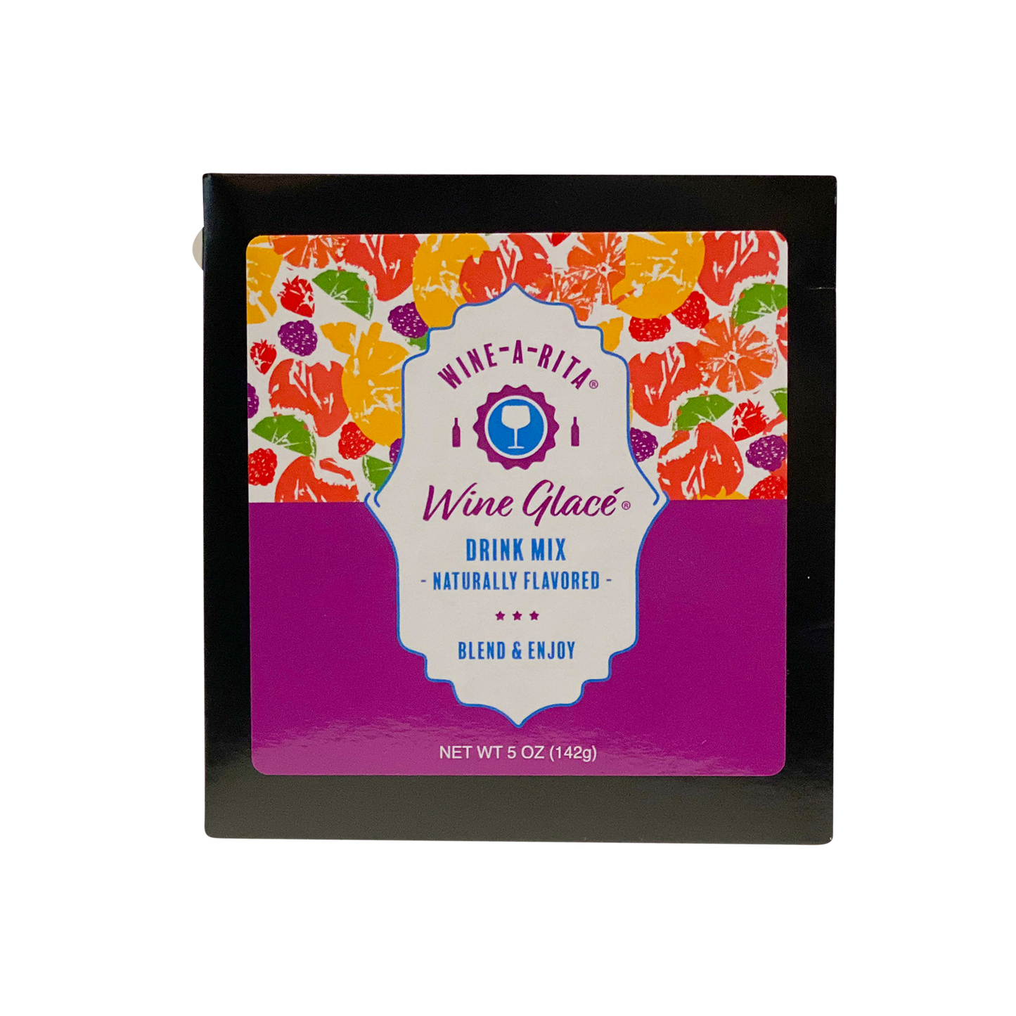 Wine Glace® Minis drink mix, 5 oz (142g), in a vibrant fruit and floral package with purple accents.