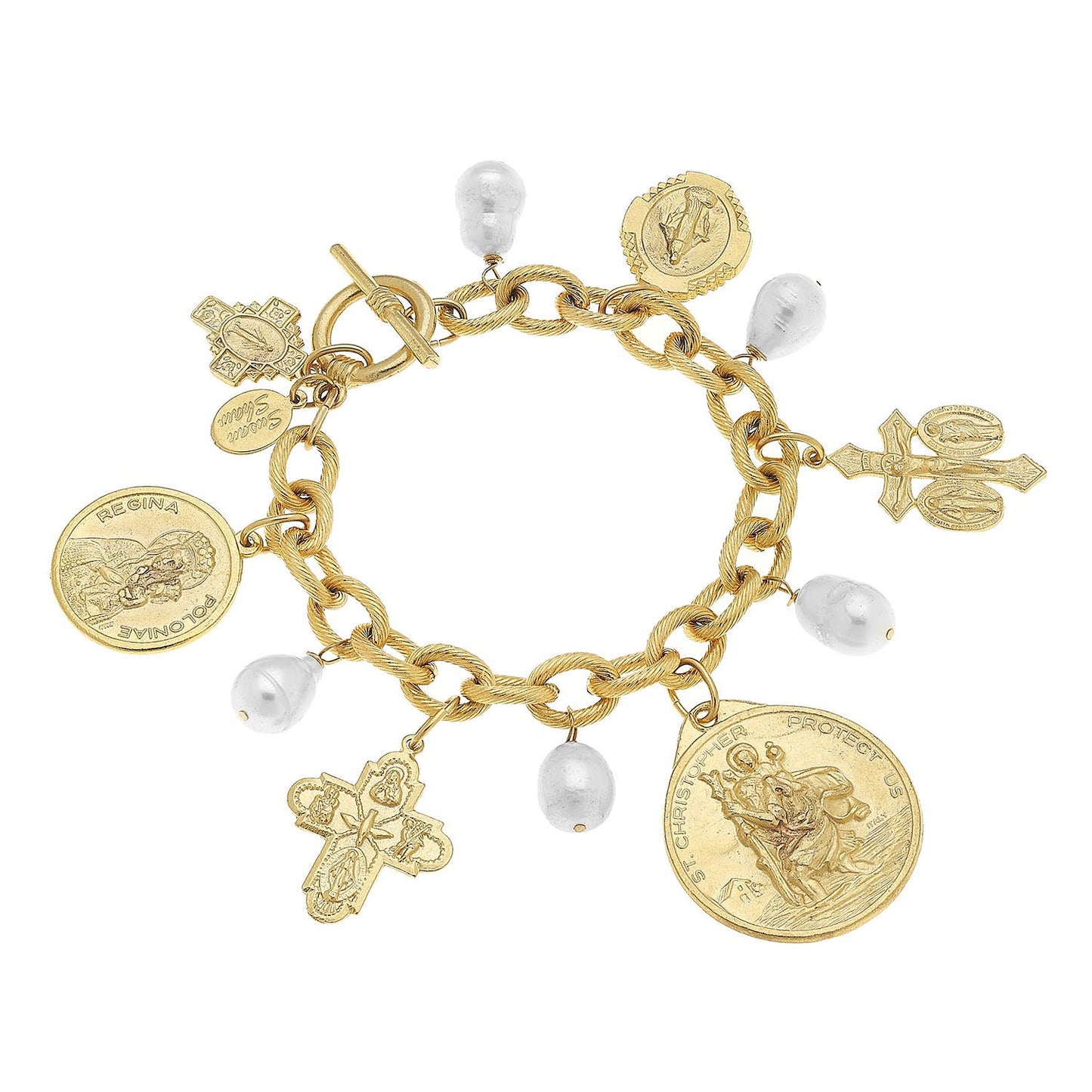Gold Saints Charm Bracelet with religious medals, crosses, gold pendants, and pearls. Available in S, M, L sizes.