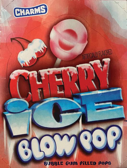 Charms Cherry Ice Blow Pop Lollipop, 48-count box, pink lollipop, cherry ice graphic, "Bubble Gum Filled Pops" tagline.